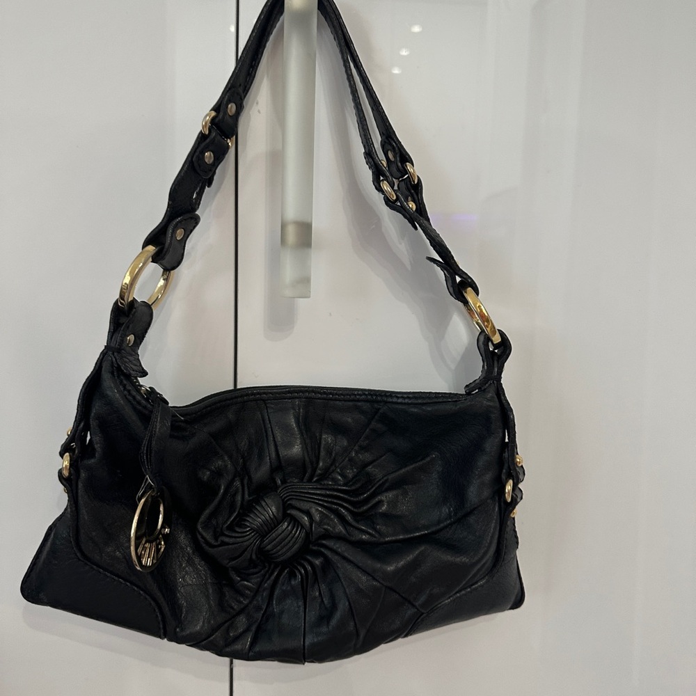 Gianfranco Ferre black  Leather Shoulder Bag with Knotted Front Detail
